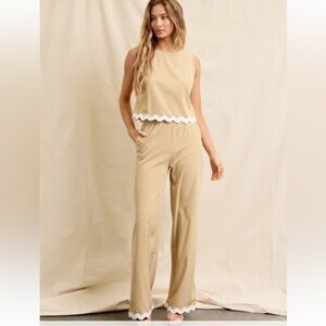 Beige Sleeveless Jumpsuit with White Scallop Trim